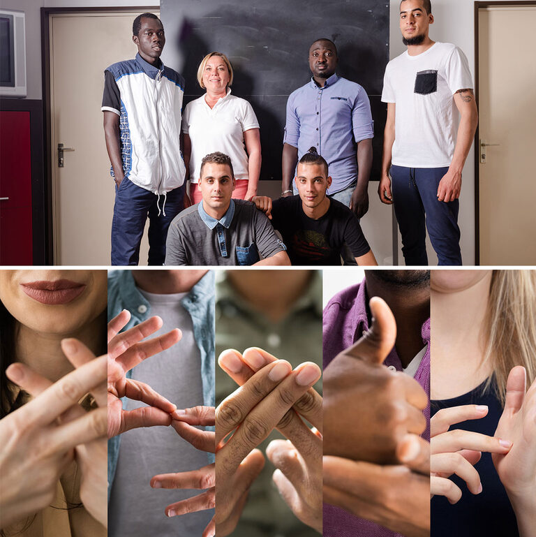 Collage: erwachsenene Flüchtlinge in einer Schule + Beispiele der Gebärdensprache